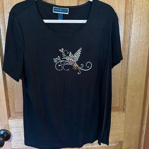 Karen Scott Black T-Shirt with Beaded Hummingbird on front.  Size XL.